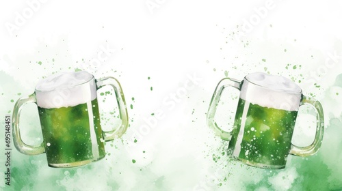 Watercolor background of two green beer mugs. St. Patrick's Day illustration background. Card with copy space.