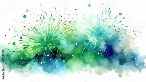 Watercolor depiction of a festive St Patrick's Day fireworks display. St. Patrick's Day illustration background. Card.