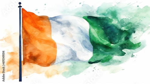 Watercolor depiction of an Irish flag fluttering in the wind. St. Patrick's Day illustration background. Card.