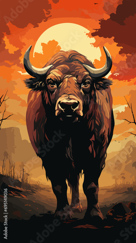 Vector illustration of a buffalo, Bull in the sunset, Generative AI