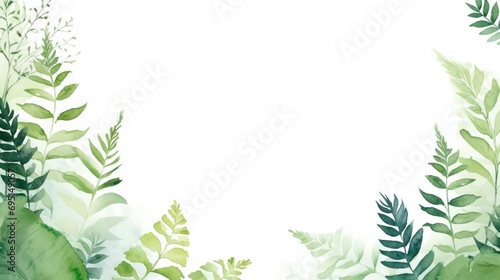 Watercolor fern fronds in a lush and green arrangement for a natural and minimalist look. St. Patrick's Day illustration background. Card with copy space. photo