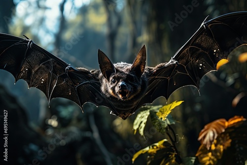In the vibrant tropical forest, a dynamic 4K Ultra HD documentary showcases the dynamic wildlife focus, revealing the detailed life of a bat as it navigates its lush and exotic habitat.