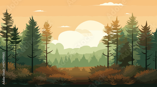 vector background with a soothing color palette of earthy greens and browns. serene forest clearing with tall trees and dappled sunlight