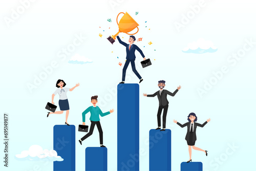 Business people compete on performance graph with one winner, business competition, performance comparison chart between company profit or employee, winner and loser in contest, achievement (Vector)