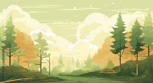 vector background with a soothing color palette of earthy greens and browns. serene forest clearing with tall trees and dappled sunlight