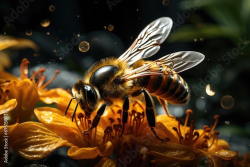 In the vibrant tropical forest, a dynamic 4K Ultra HD documentary showcases the dynamic wildlife focus, revealing the intricate life of a bee as it navigates its lush and exotic habitat. © akimtan