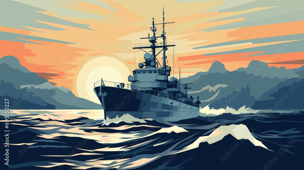 vector scene depicting a naval vessel at sea. a ship cutting through the waves, takes center stage against a serene ocean background. - obrazy, fototapety, plakaty 