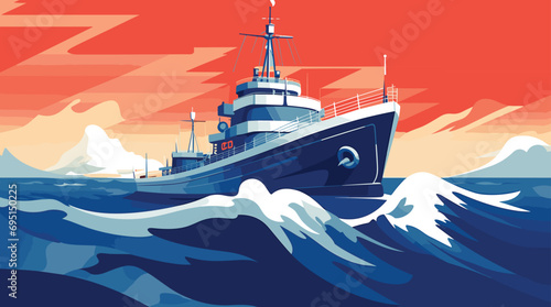 vector scene depicting a naval vessel at sea. a ship cutting through the waves, takes center stage against a serene ocean background.