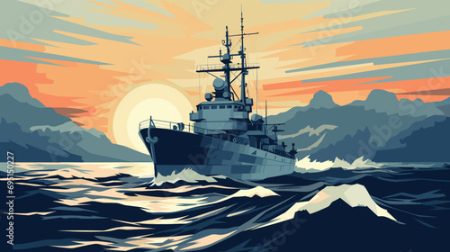 vector scene depicting a naval vessel at sea. a ship cutting through the waves, takes center stage against a serene ocean background. © J.V.G. Ransika