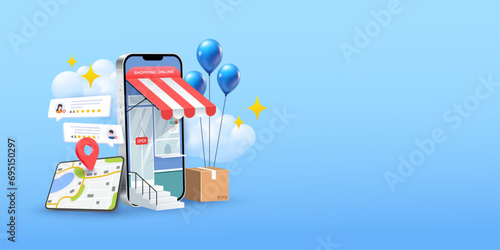 customer ratings and reviews local search Online shopping marketing 3d illustration