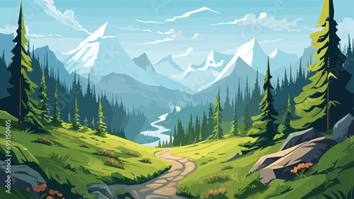 adventurous vector landscape background in lively, outdoor hues of forest green and sky blue. mountain range with a winding hiking trail. This background is perfect for travel post