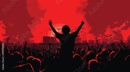 music themed concert crowd tones of live show red and performance black. a music concert with a cheering audience, stage lights. Vector illustration