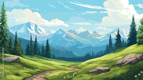 adventurous vector landscape background in lively, outdoor hues of forest green and sky blue. mountain range with a winding hiking trail. This background is perfect for travel post