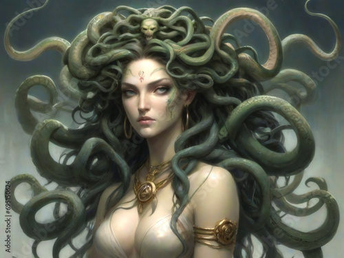 Portrait of Medusa with snakes as hair, AI Generative