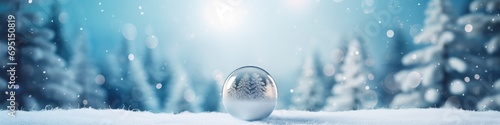 Blue christmas ball on abstract blurred background with golden bokeh lights and snow. New year decoration, festive atmosphere concept. Banner with copy space © ratatosk