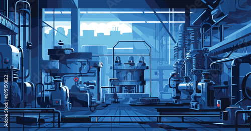 Create an industrial vector background with metallic grays and machinery blues. The subject is a clear vector depiction of a factory floor with heavy machinery and industrial equipment.