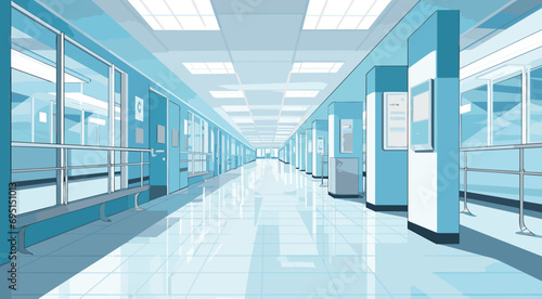 medical-themed vector background with of clinical whites and sterile blues. expansive, clear vector image of a hospital corridor with rows of neatly lined patient rooms