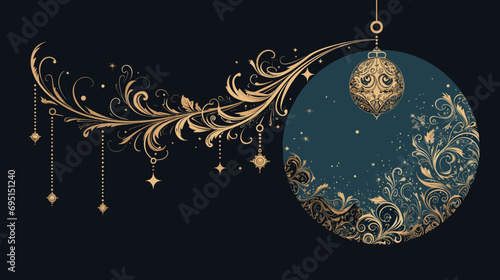 elegant vector composition of a stylized Christmas ornament hanging from a single thread, set against a deep blue night sky. Ensure the ornament is the clear
