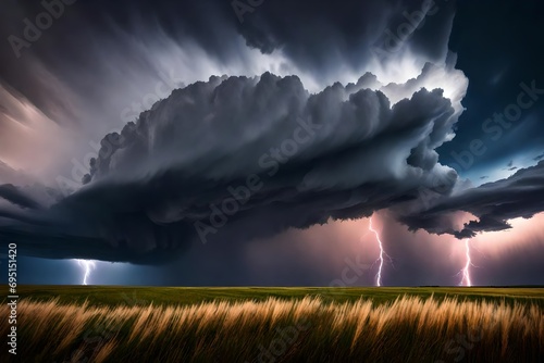 A dramatic thunderstorm over a rolling prairie, lightning illuminating the turbulent sky