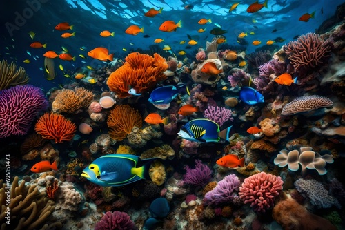 A coral reef teeming with colorful marine life, each creature contributing to an underwater tapestry