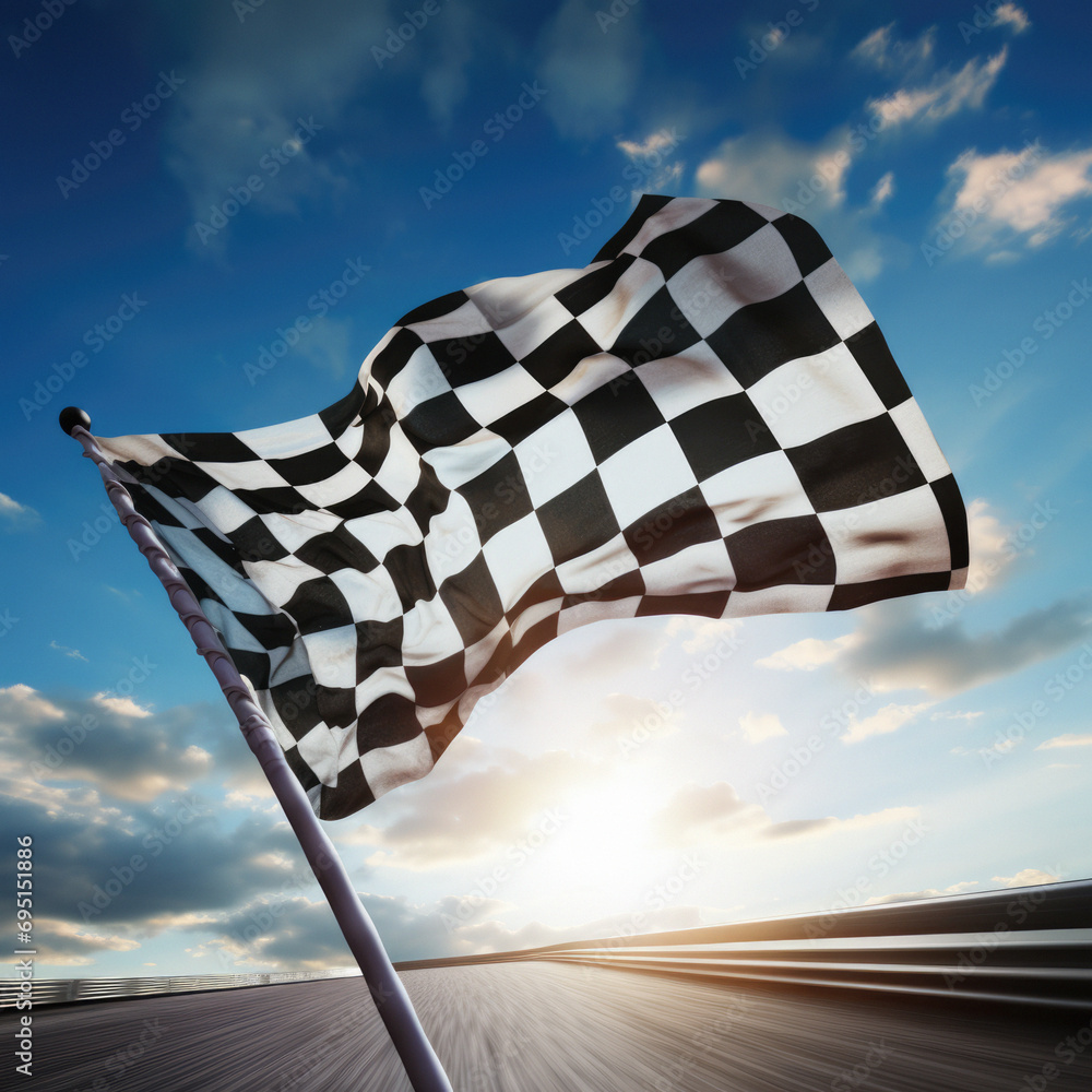 Checkered finish flag waves over a car race track