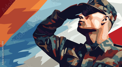 vector illustration celebrating military service. a soldier saluting, is portrayed against a clean, flat color background.  photo