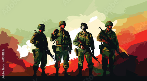 vector illustration highlighting military camaraderie. a group of soldiers in uniform, stands united against a clean, flat color background. 