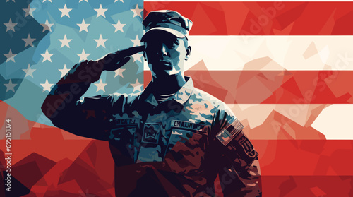 vector illustration celebrating military service. a soldier saluting, is portrayed against a clean, flat color background. 