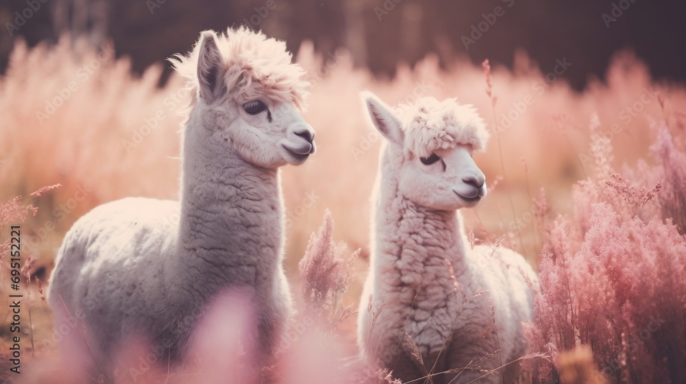 Fototapeta premium Close Up Portrait of two llamas in a Field in Pastel Colors. Farm Animal Photo with Vintage Retro Effect.