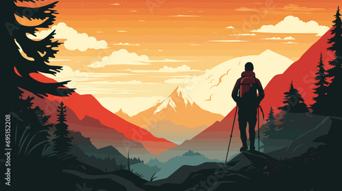 vector poster advocating for outdoor adventure and exploration. simple depiction of a camper or hiker in nature, stands against a backdrop of outdoor elements.