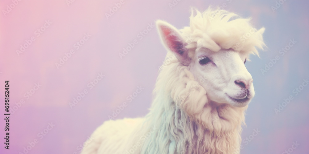 Fototapeta premium Close Up Portrait of an Alpaca against Purple and Blue Blurred Background. Photo of a Farm Animal