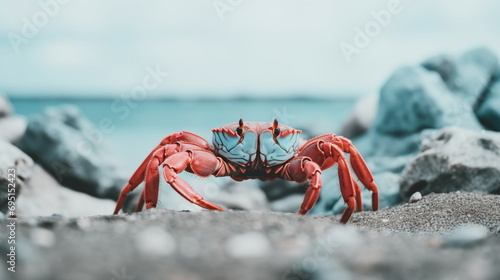 Close Up Portrait of a bright red Crab on a Beach. Red Crab on the sand with blurred turquoise ocean in the background with copy space for text.