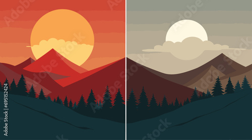 vector poster celebrating the beauty of sunrise and sunset. simplified sun rising or setting over a serene landscape  stands against a backdrop of changing sky colors.