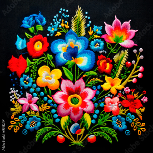 Beautiful embroidered flower pattern, folk art. Illustration. Created with generative, ai technology