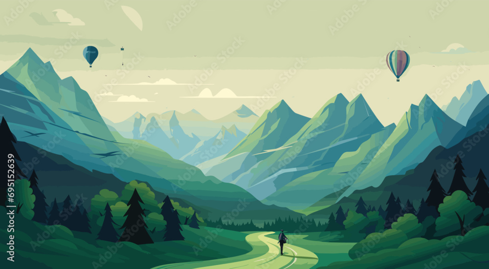 travel themed vector background adventurous shades of expedition green and exploration blue. vector illustration of an adventurous landscape with towering mountains and winding trails - obrazy, fototapety, plakaty 