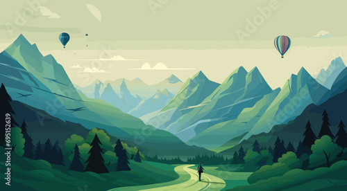 travel themed vector background adventurous shades of expedition green and exploration blue. vector illustration of an adventurous landscape with towering mountains and winding trails photo