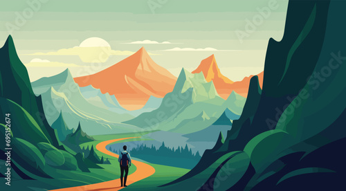 travel themed vector background adventurous shades of expedition green and exploration blue. vector illustration of an adventurous landscape with towering mountains and winding trails.