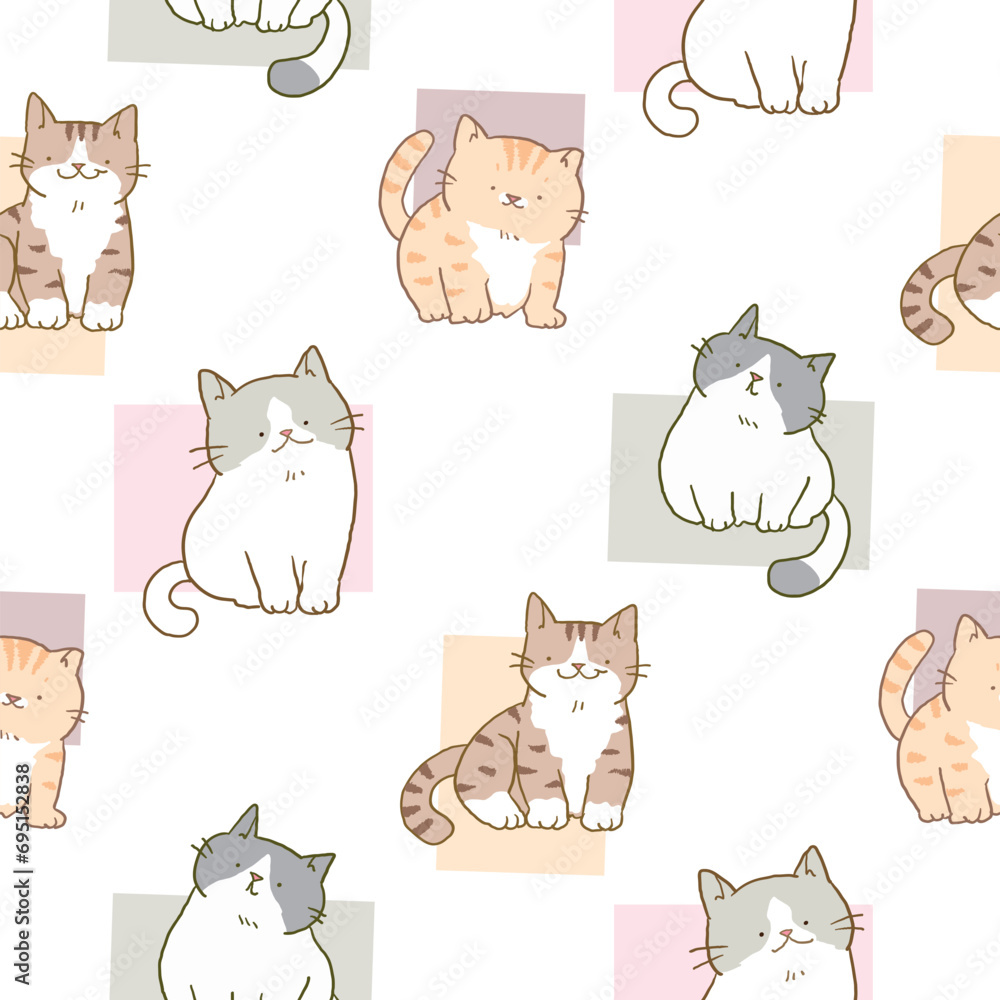 Seamless Pattern of Cartoon Cat and Pastel Square Design on White Background