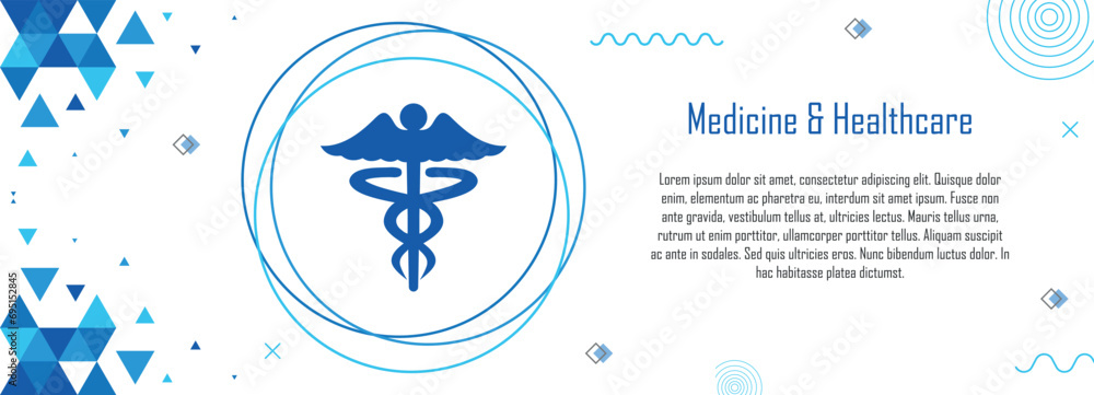 Medicine and Healthcare banner with geometric abstract pattern design, Hippocratic symbol, Caduceus, A logo that mostly used in the medical field, copy space for text - obrazy, fototapety, plakaty 