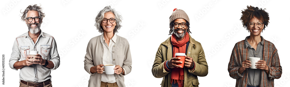 Set of Portrait of a middle aged woman and man happy smiling and standing holding a coffee cup, isolated on white background, png Set of Portrait of a middle aged woman and man happy smiling and standing holding a coffee cup, isolated on white background, png