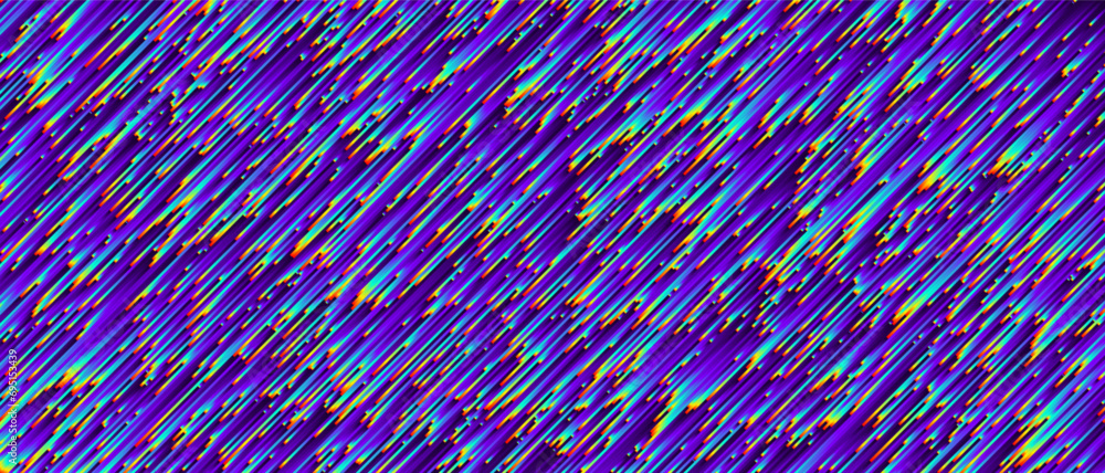 Pixel sorting style background with diagonal holographic iridescent lines. Geometric trendy grunge pixelart design. Colorful dynamic distorted motion digital noise texture. Vector illustration Pixel sorting style background with diagonal holographic iridescent lines. Geometric trendy grunge pixelart design. Colorful dynamic distorted motion digital noise texture. Vector illustration