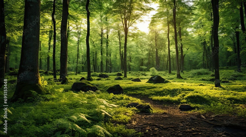 Obraz premium A beautiful green forest in summer evening beautiful