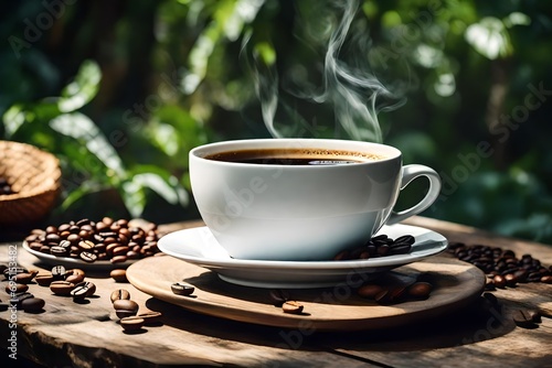 coffee cup, roaster, organic coffee, on a table, premium coffee, porcelain cup high quality coffee, outside in nature