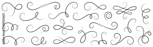 Line flourish swirl vector calligraphy ornament elements. Fancy line flourish text typography accent, filigree modern curve ornament. Curl elegant vintage simple design elements. Vector illustration