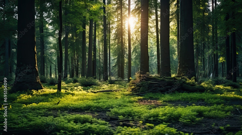 Obraz premium A beautiful green forest in summer evening beautiful