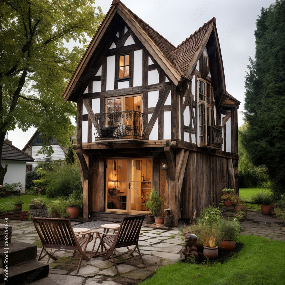 Tiny two floor timber frame house with double front doors and terrace design Tiny two floor timber frame house with double front doors and terrace design