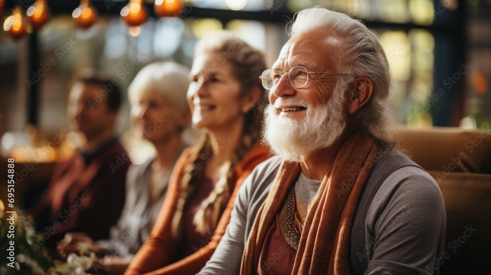 Group of seniors participating in a yoga class in lotus pose. Group of seniors participating in a yoga class in lotus pose.