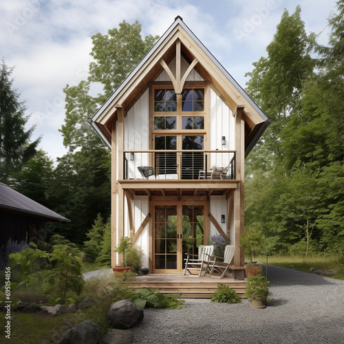 Tiny two floor timber frame house with double front doors and terrace design © shiroi