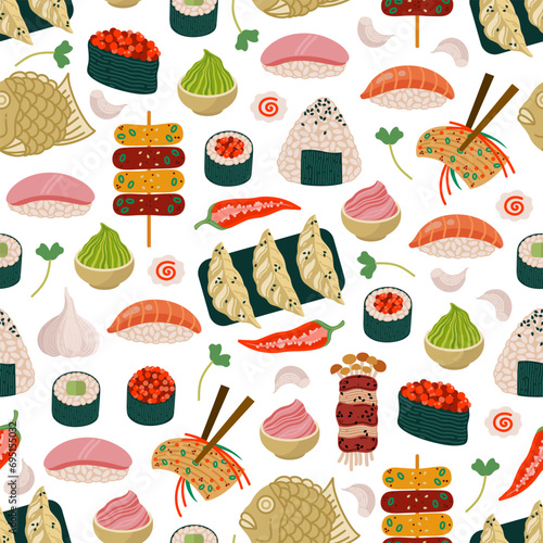 Tasty asian food seamless vector pattern. Japanese and Korean snacks with seafood - gyoza, kimchi, sushi maki, tteokbokki. Spicy ingredients - garlic, wasabi, pepper, ginger. Flat cartoon background
