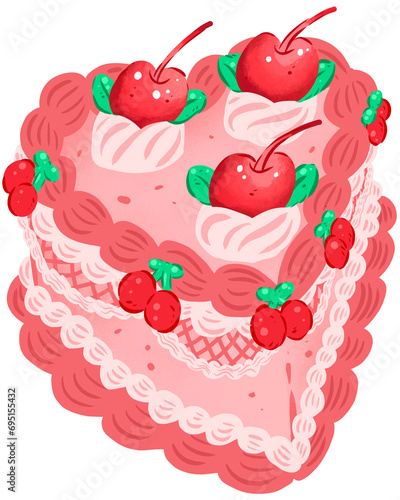 Pink heart cake. Heart shape delicious cake with pink cream decoration with cherry illustration. Design for icon, Birthday cards, banners, backgrounds. 